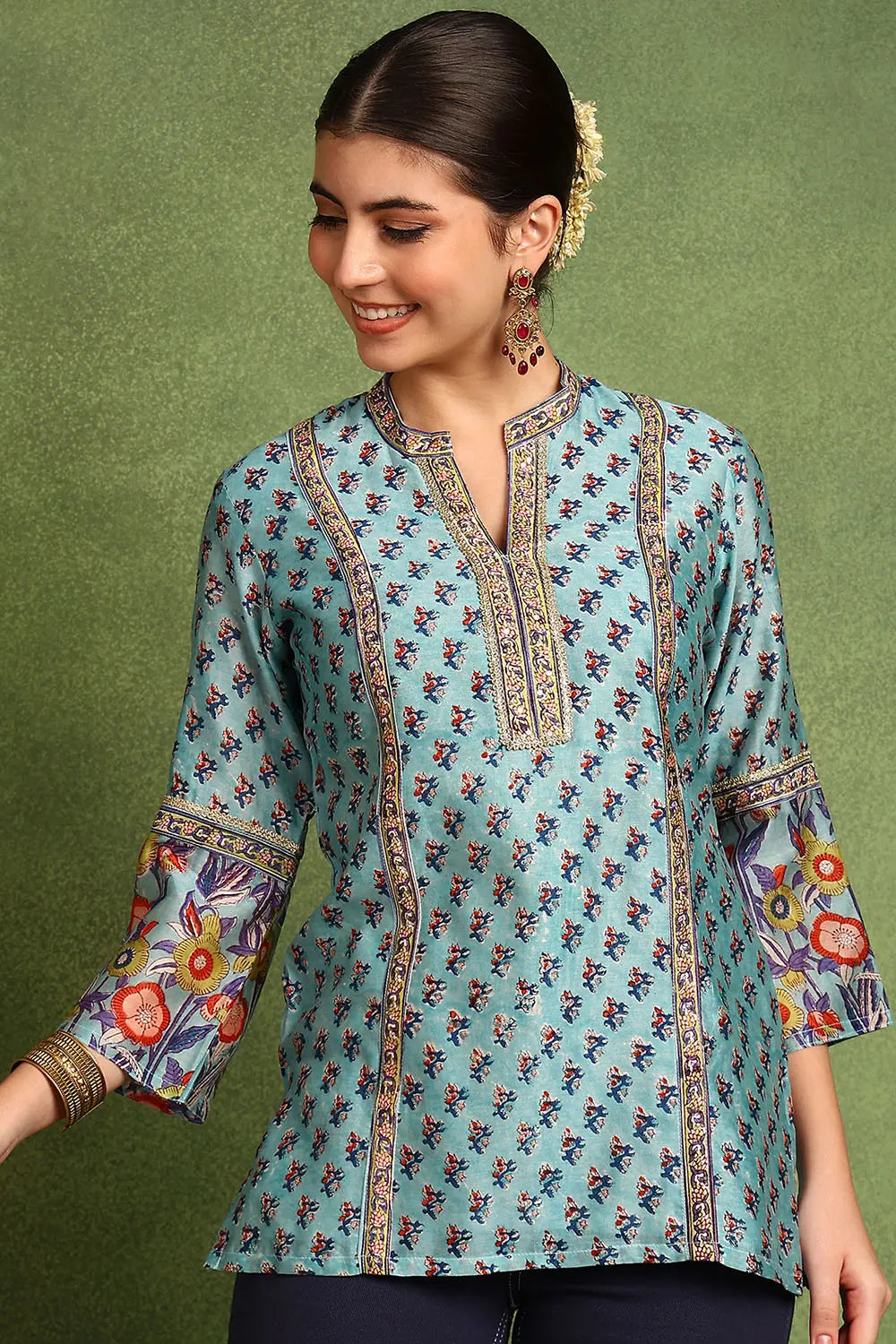 Blue Hand Block Printed Chanderi Silk Tunic