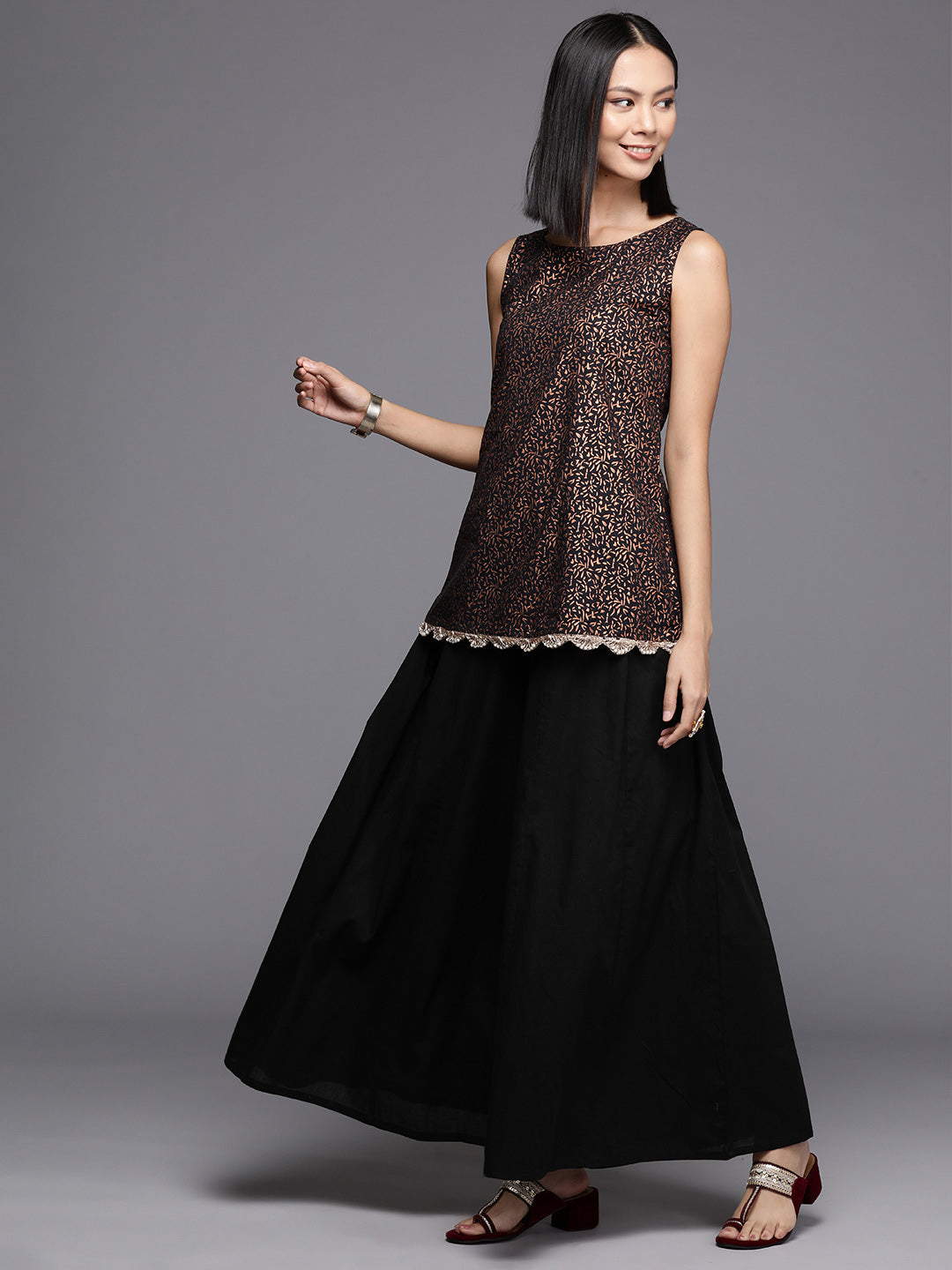 Black Printed Pure Cotton Top with Palazzos