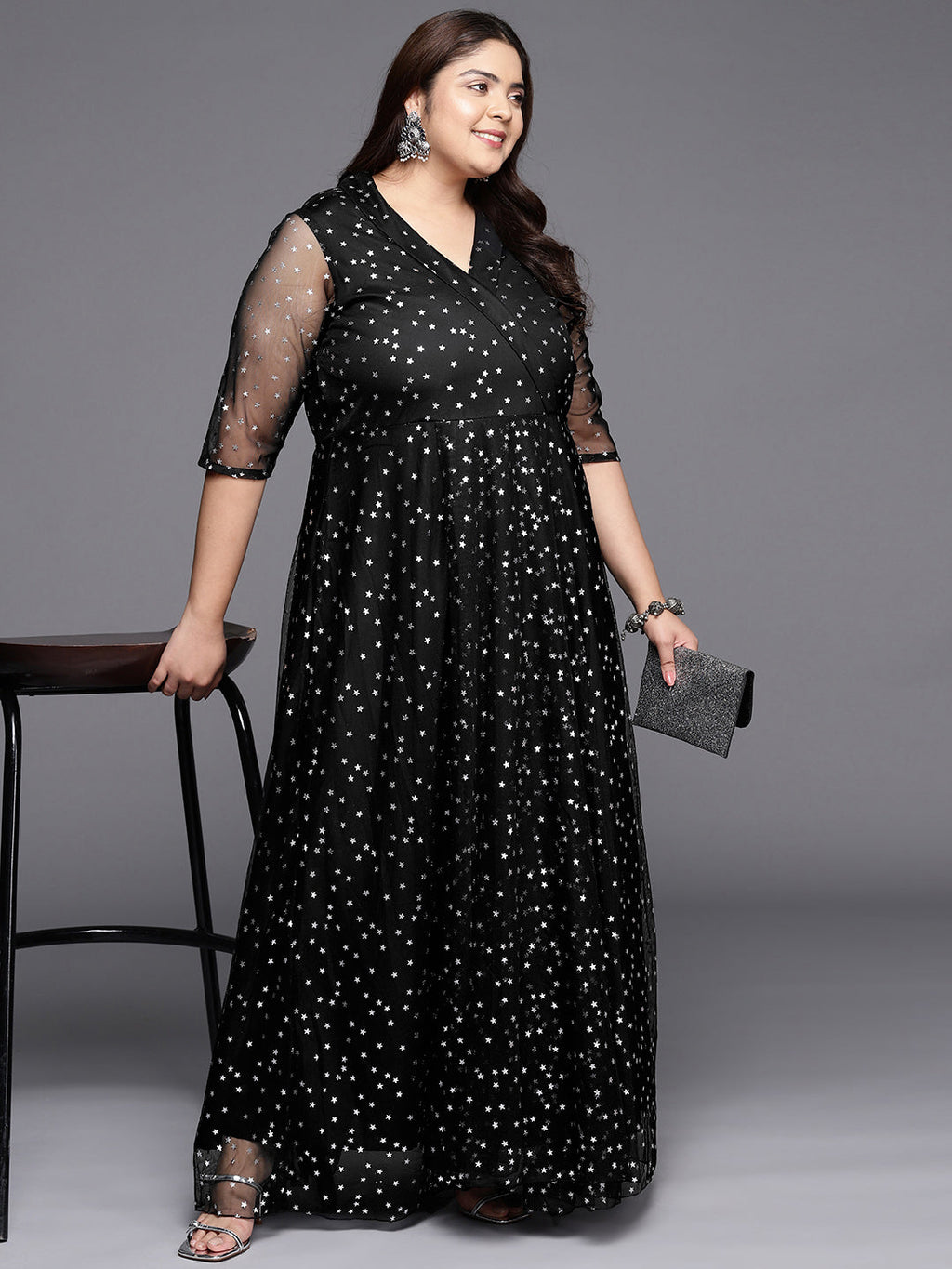 Black & Silver Plus Size Printed Maxi Ethnic Dress-AH