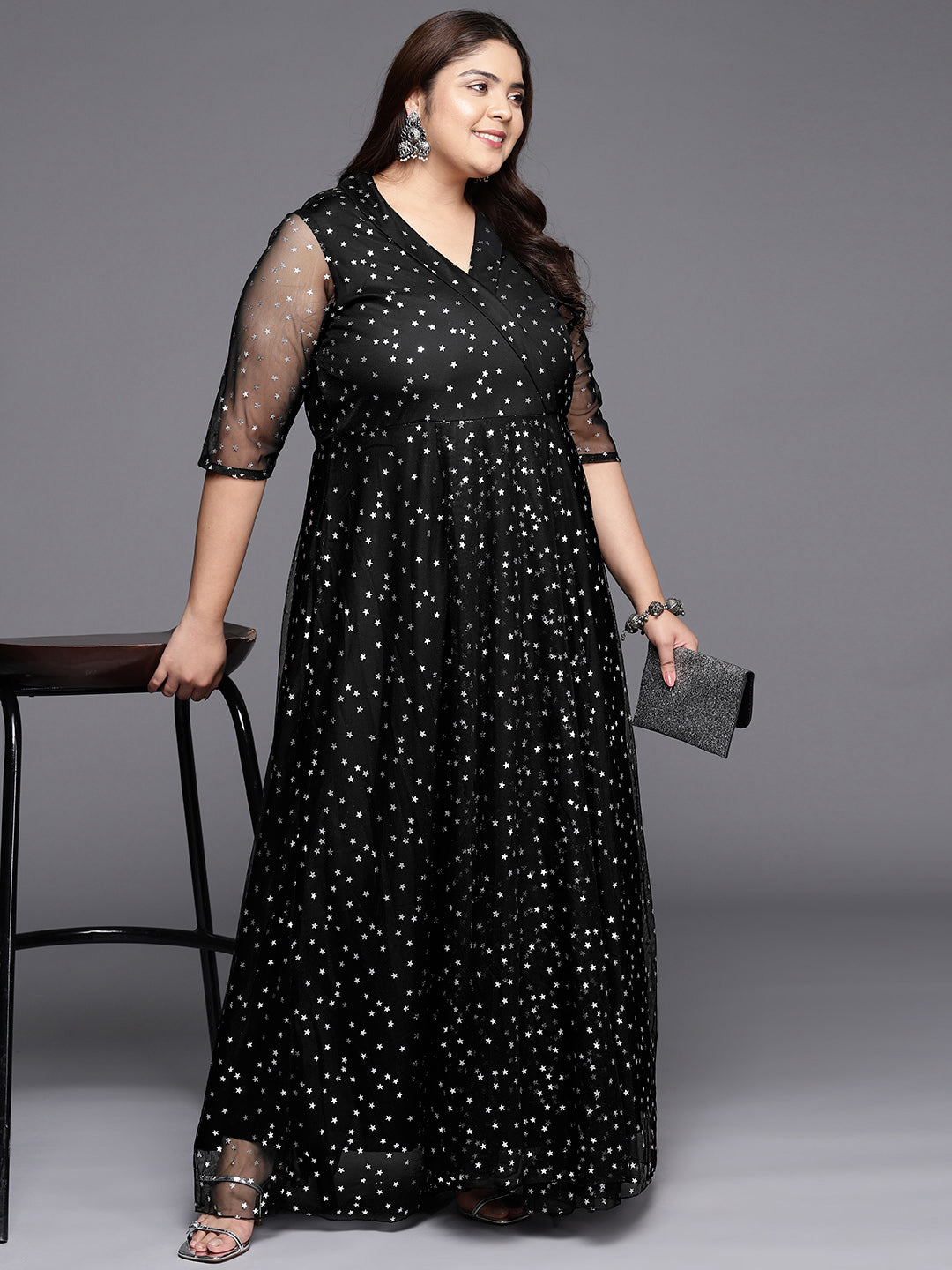 Black & Silver Plus Size Printed Maxi Ethnic Dress-AH