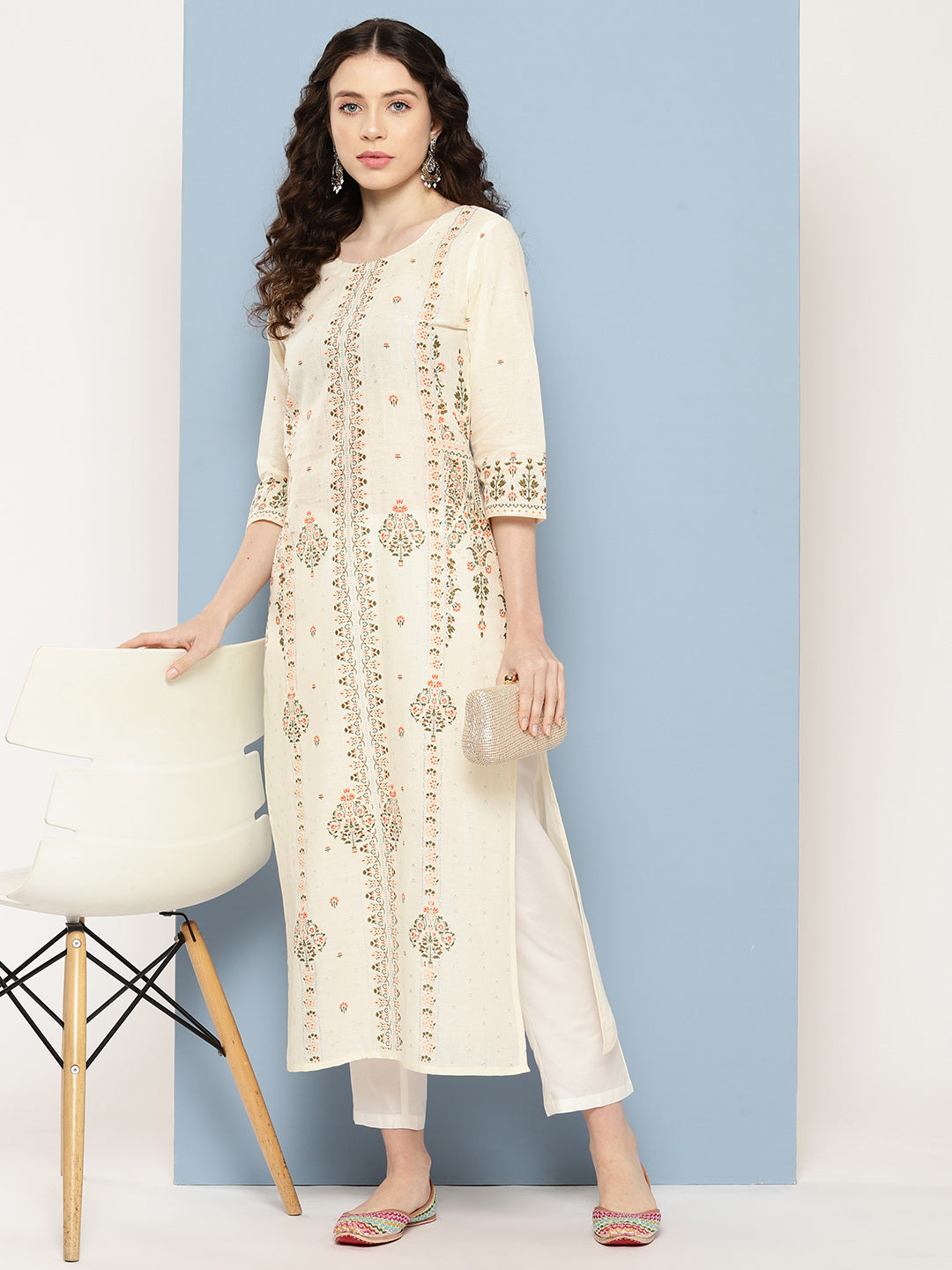 Off White Floral Printed Pure Cotton Kurta