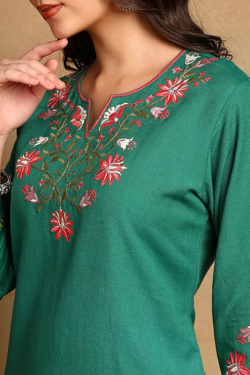 Green Embroidered Flax Linen Kurta