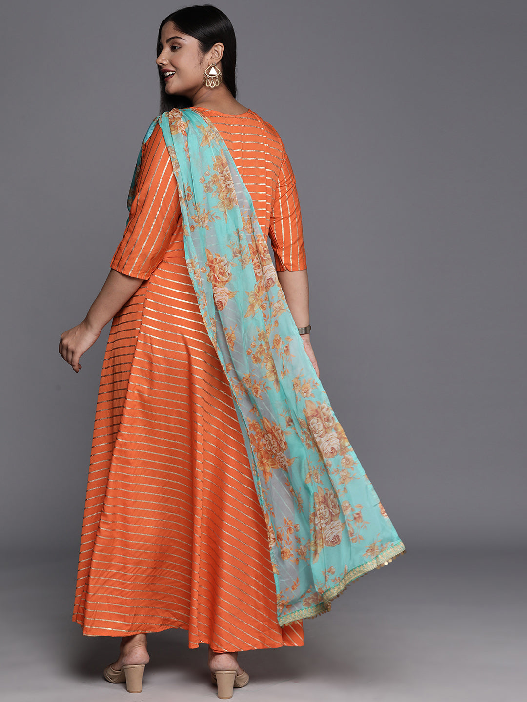 Orange Gold & Green Plus Size Maxi Ethnic Dress