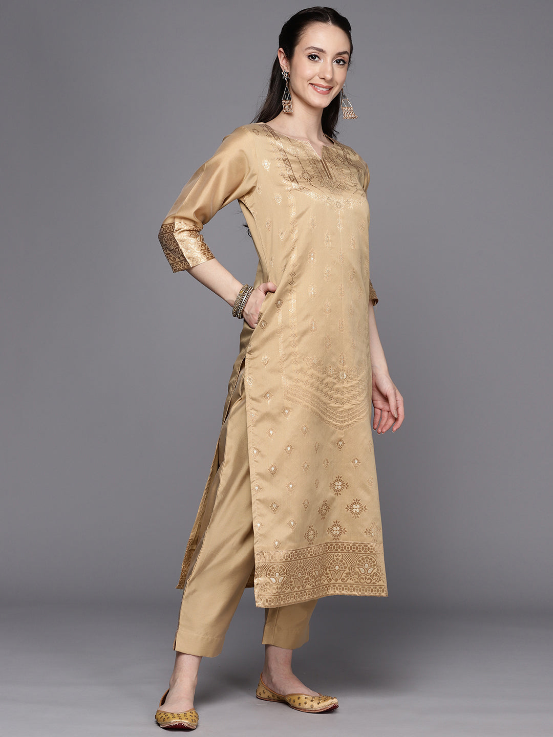 Tan & Gold Woven Design Ethnic Motifs Unstitched Dress Material