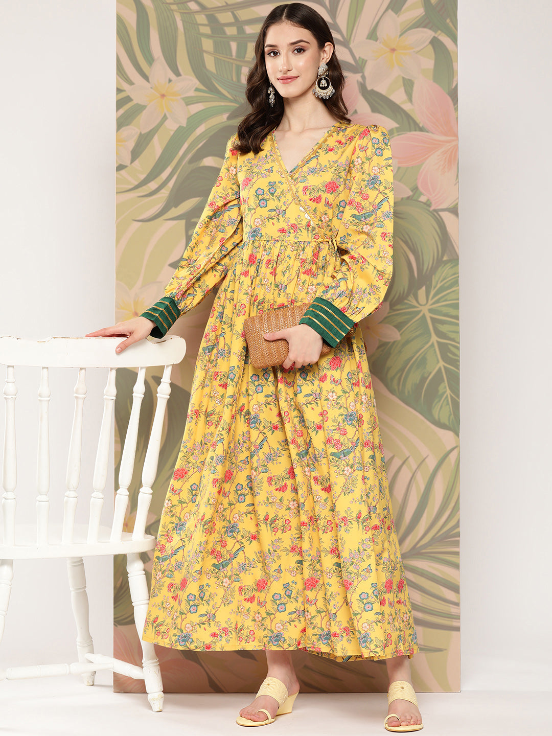 Yellow Floral Printed Tie-Ups Empire Ethnic Dress