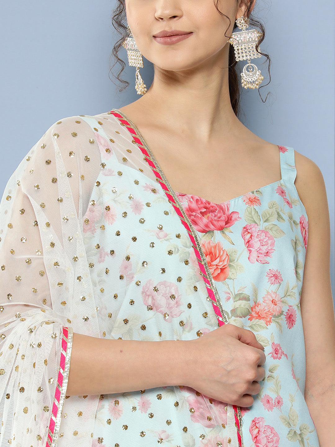 Blue Floral Printed Gotta Patti Kurti With Dhoti Pants & With Dupatta-AH