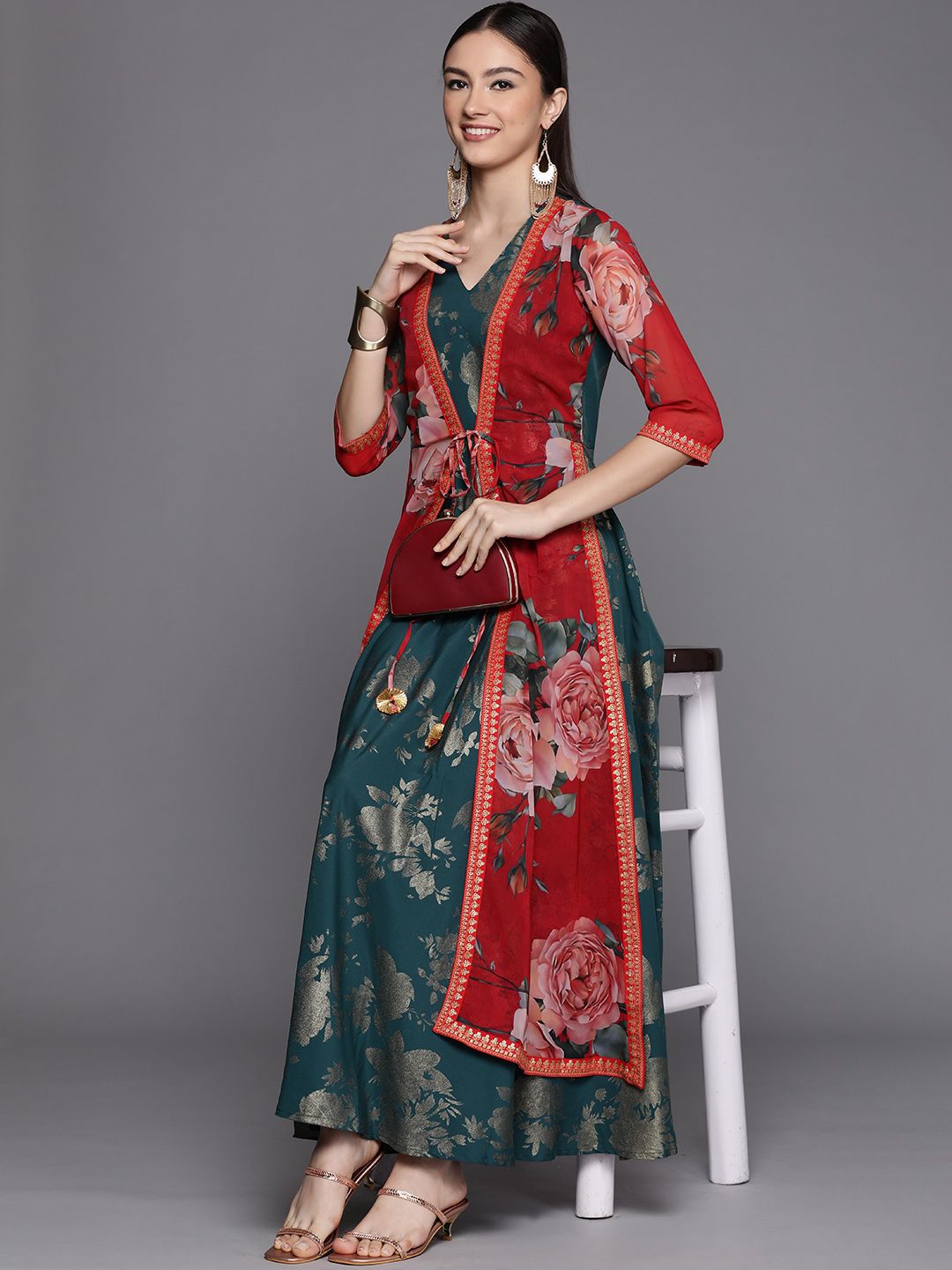 Green & Gold Printed Layered Dress