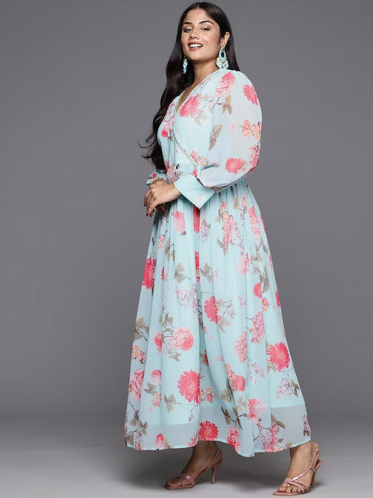 Turquoise Blue & Pink Plus Size Floral Printed A-Line Maxi Dress