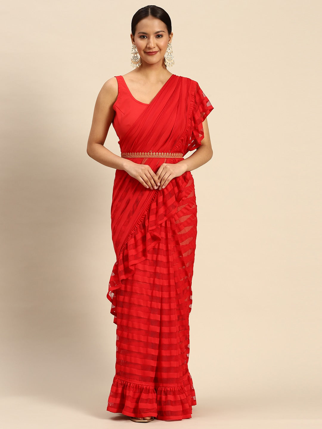 Red Striped Net Ready To Wear Saree