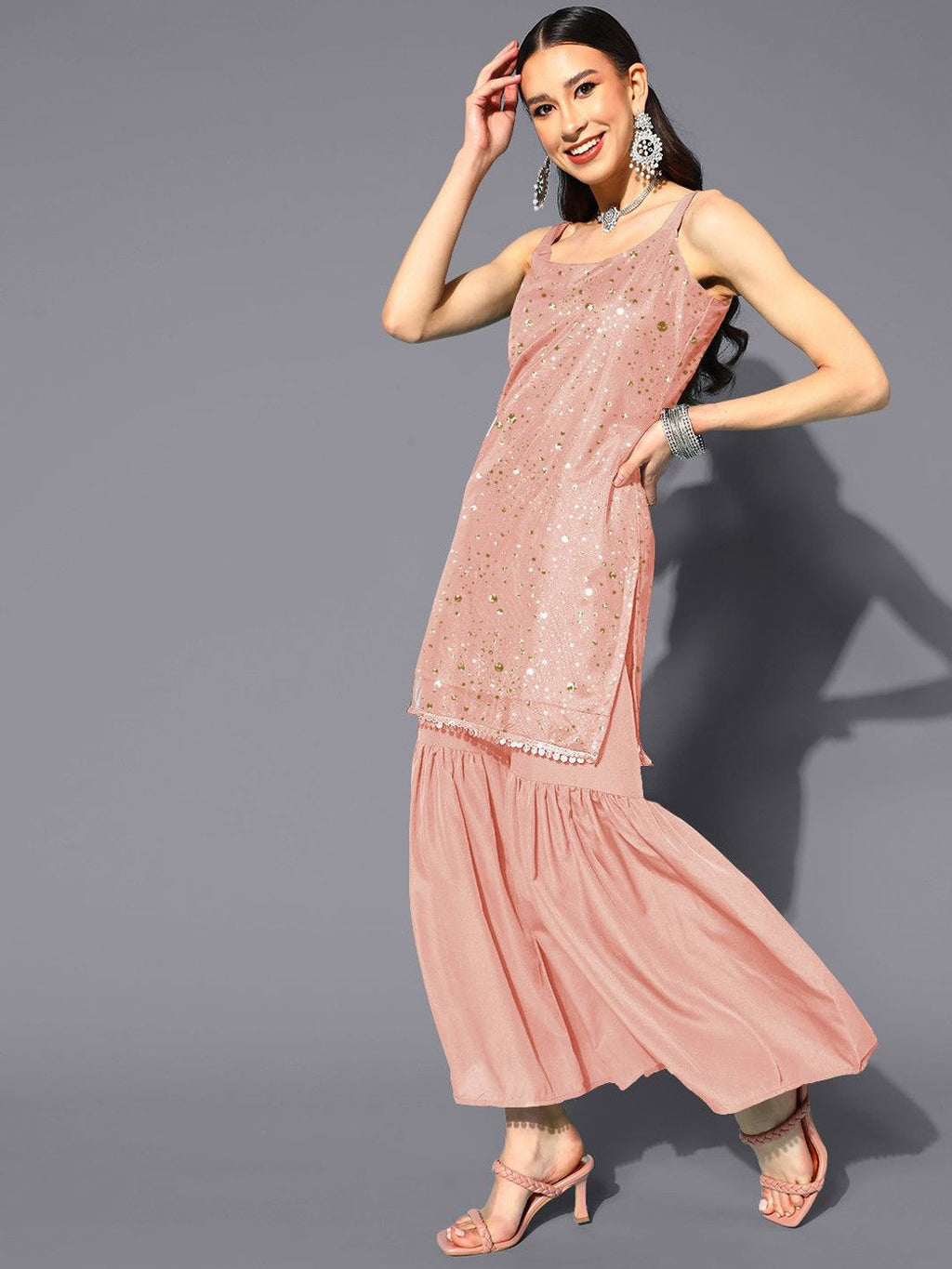 Abstract Printed Square Neck Net Kurti With Sharara & Dupatta-AH