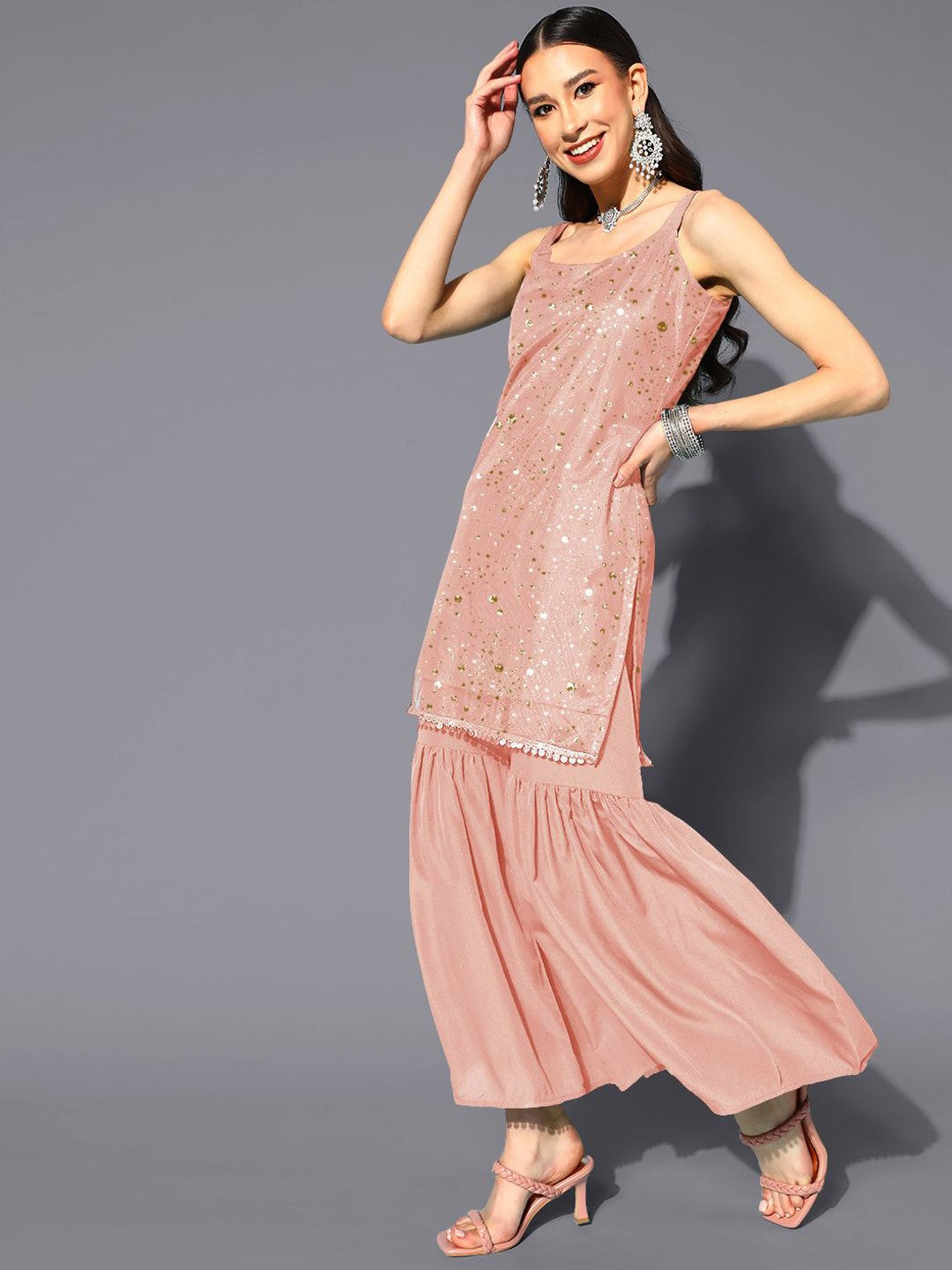 Abstract Printed Square Neck Net Kurti With Sharara & Dupatta-AH