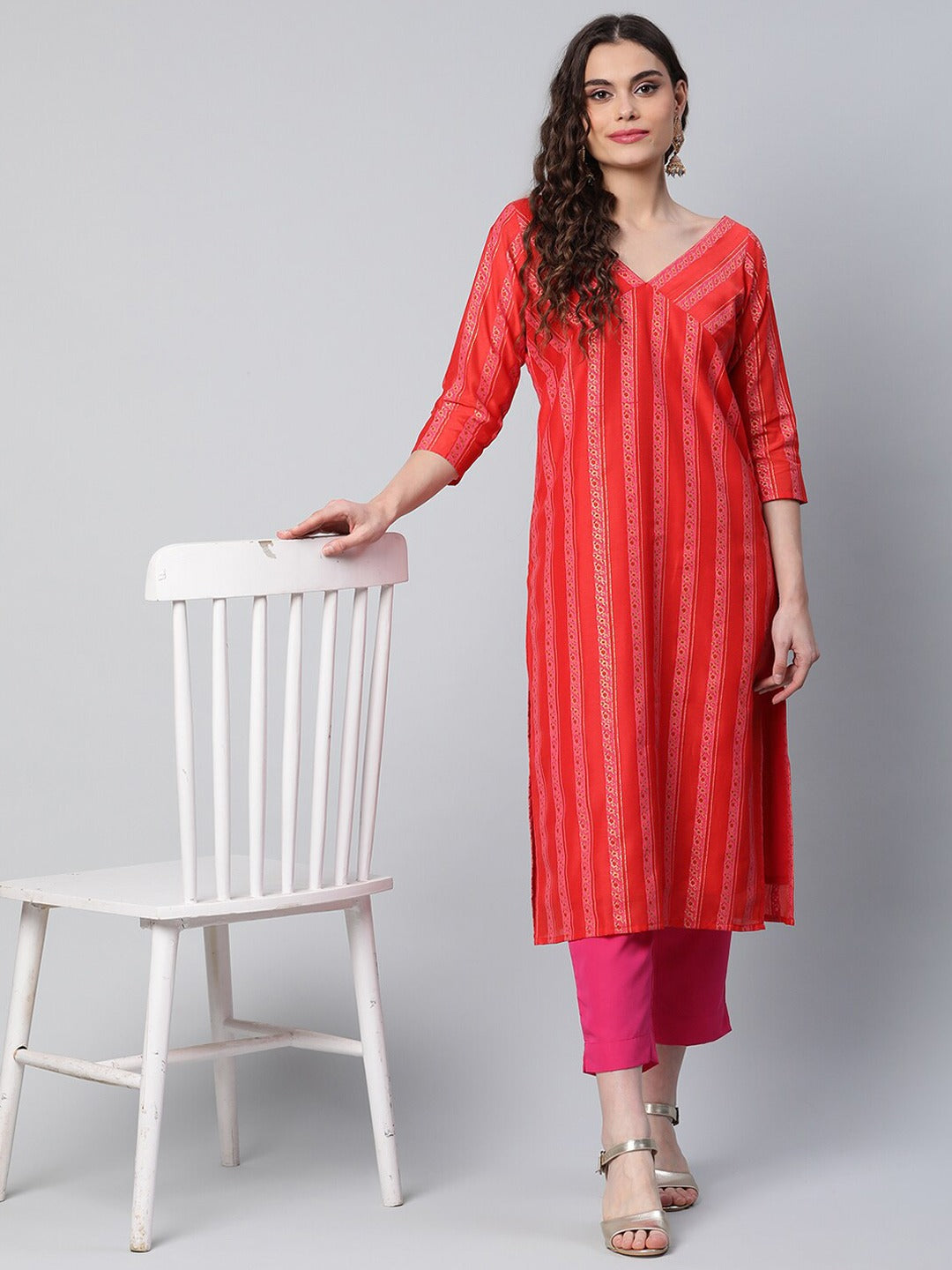 Red Striped Kurta with Trousers