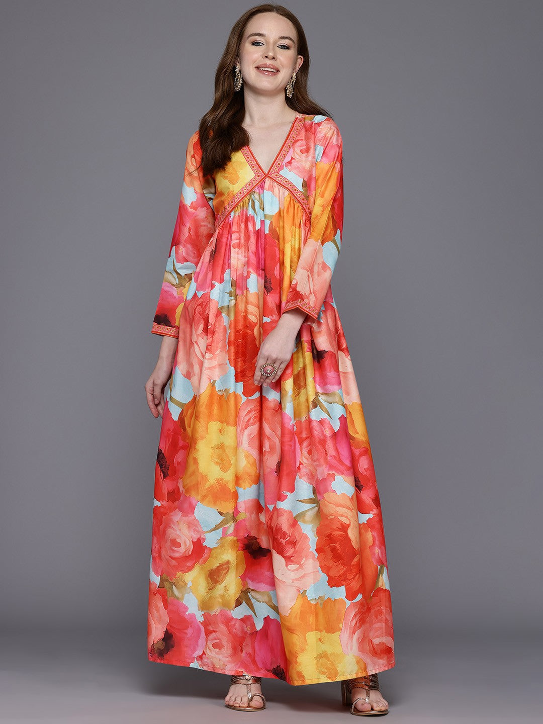 Floral Print Empire Maxi Ethnic Dress