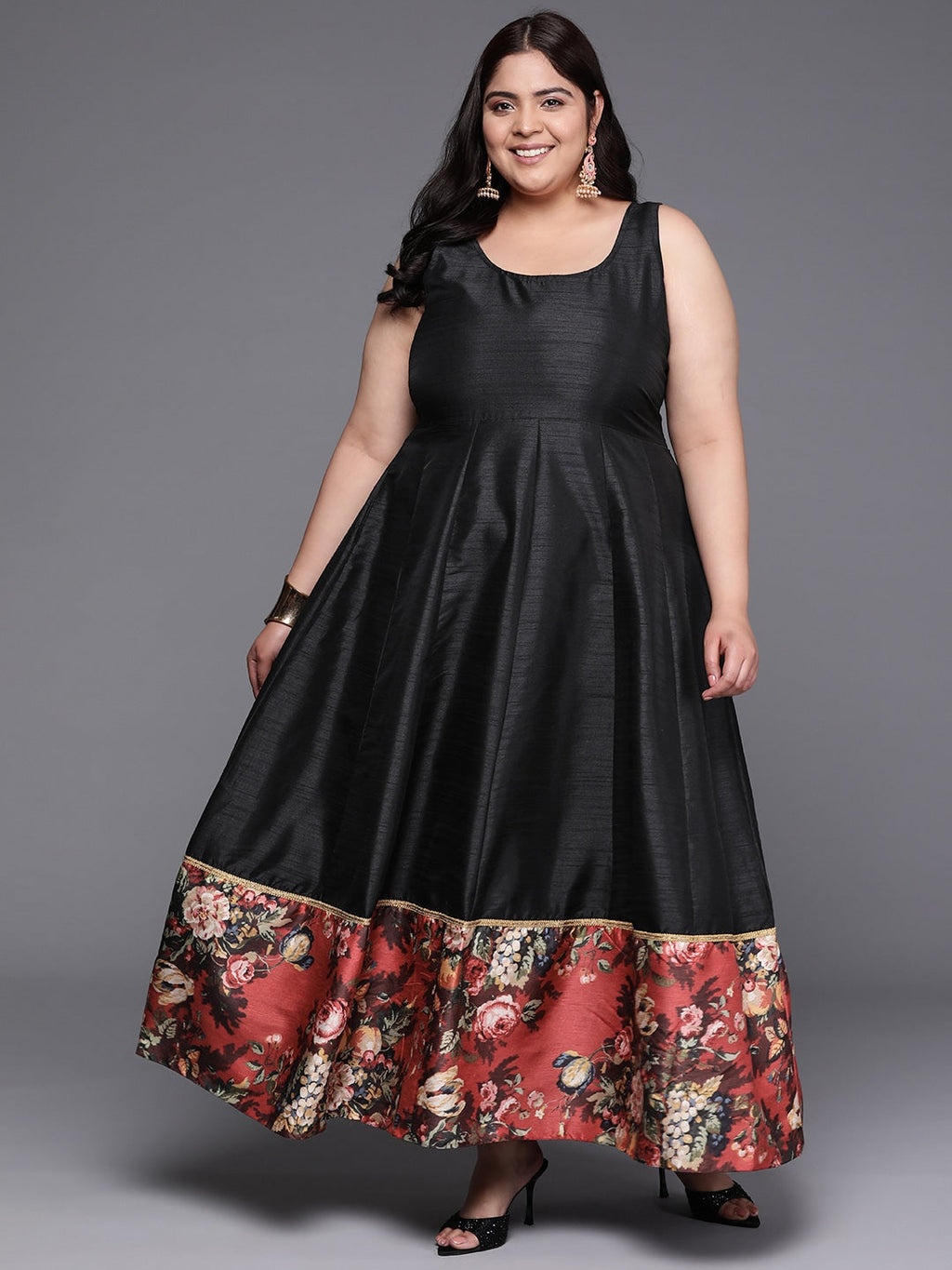 Plus Size Floral Printed Fit & Flare Maxi Ethnic Dress-AH