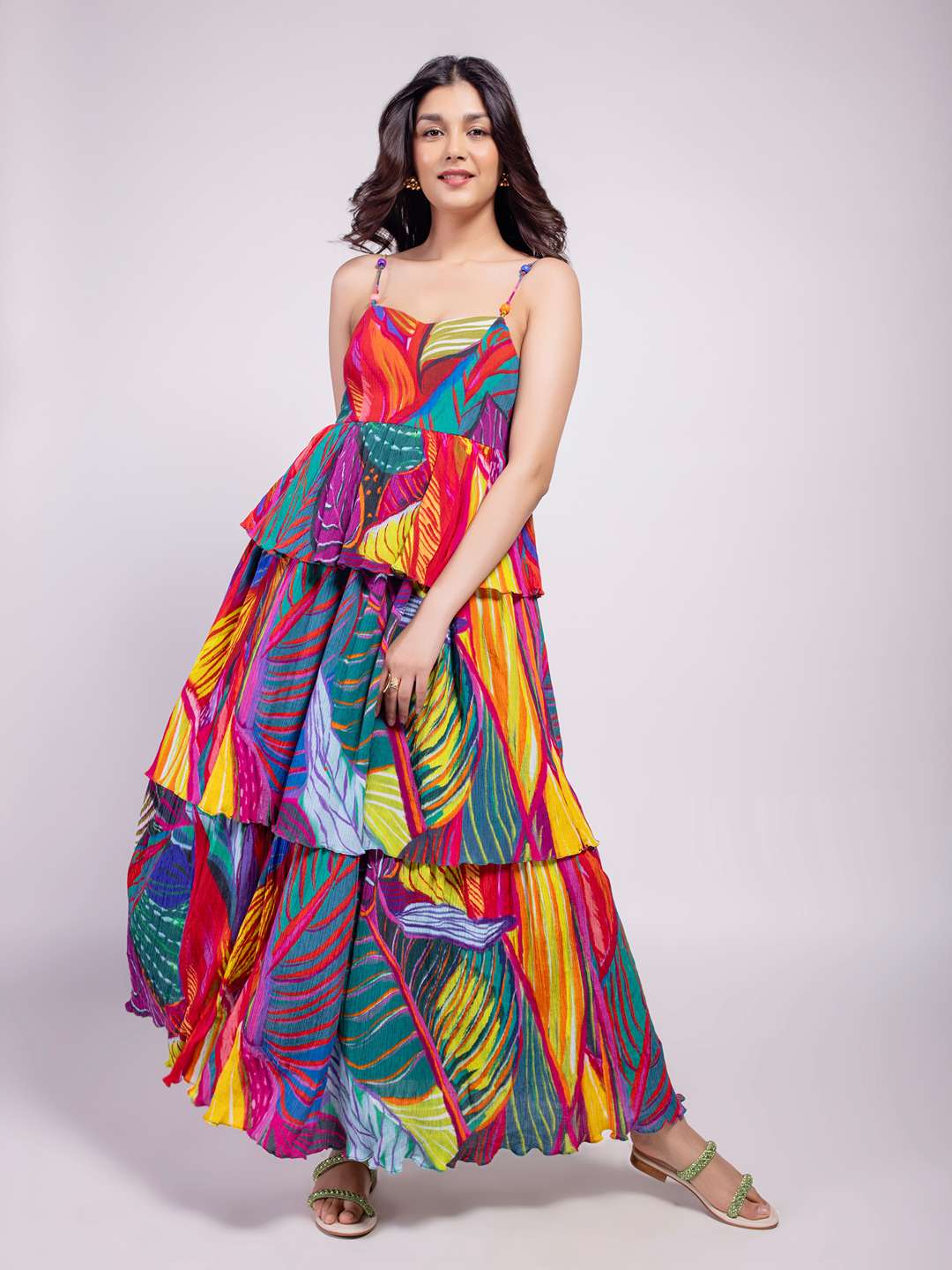 Leafora Printed Ruffled Dress