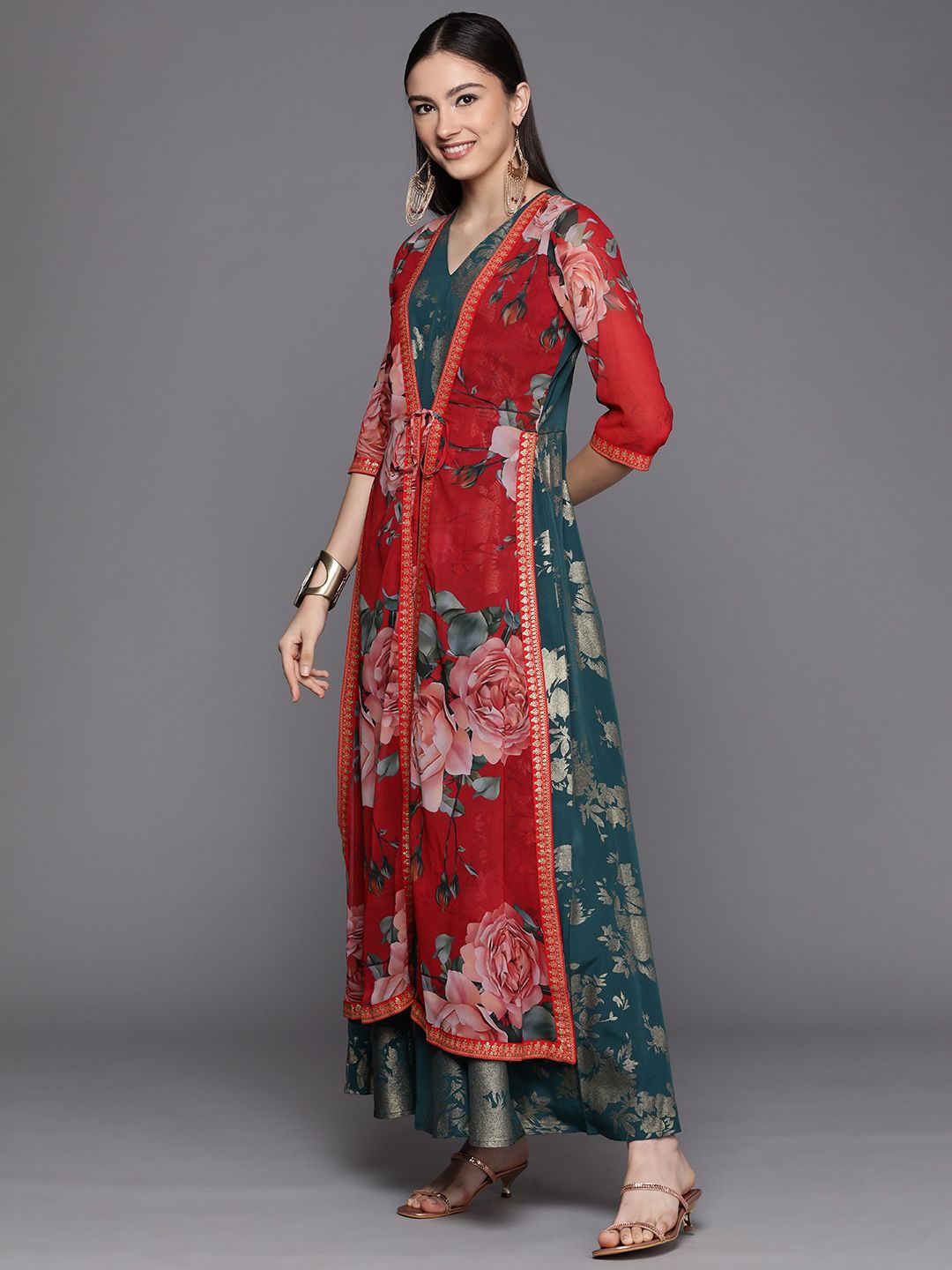 Green & Gold Printed Layered Dress