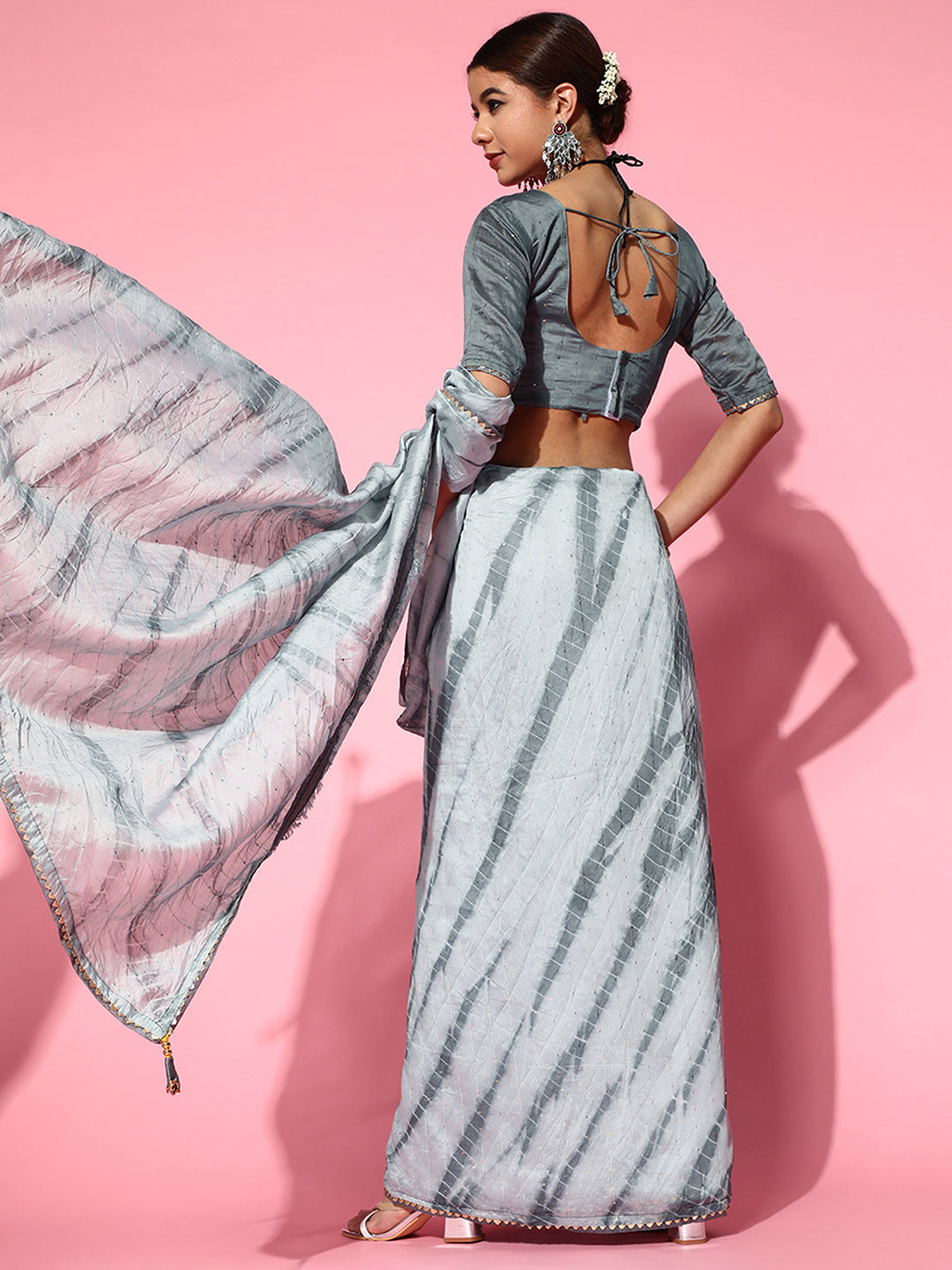 Silk Blend Grey Embroidered DesignerSaree With Blouse Piece