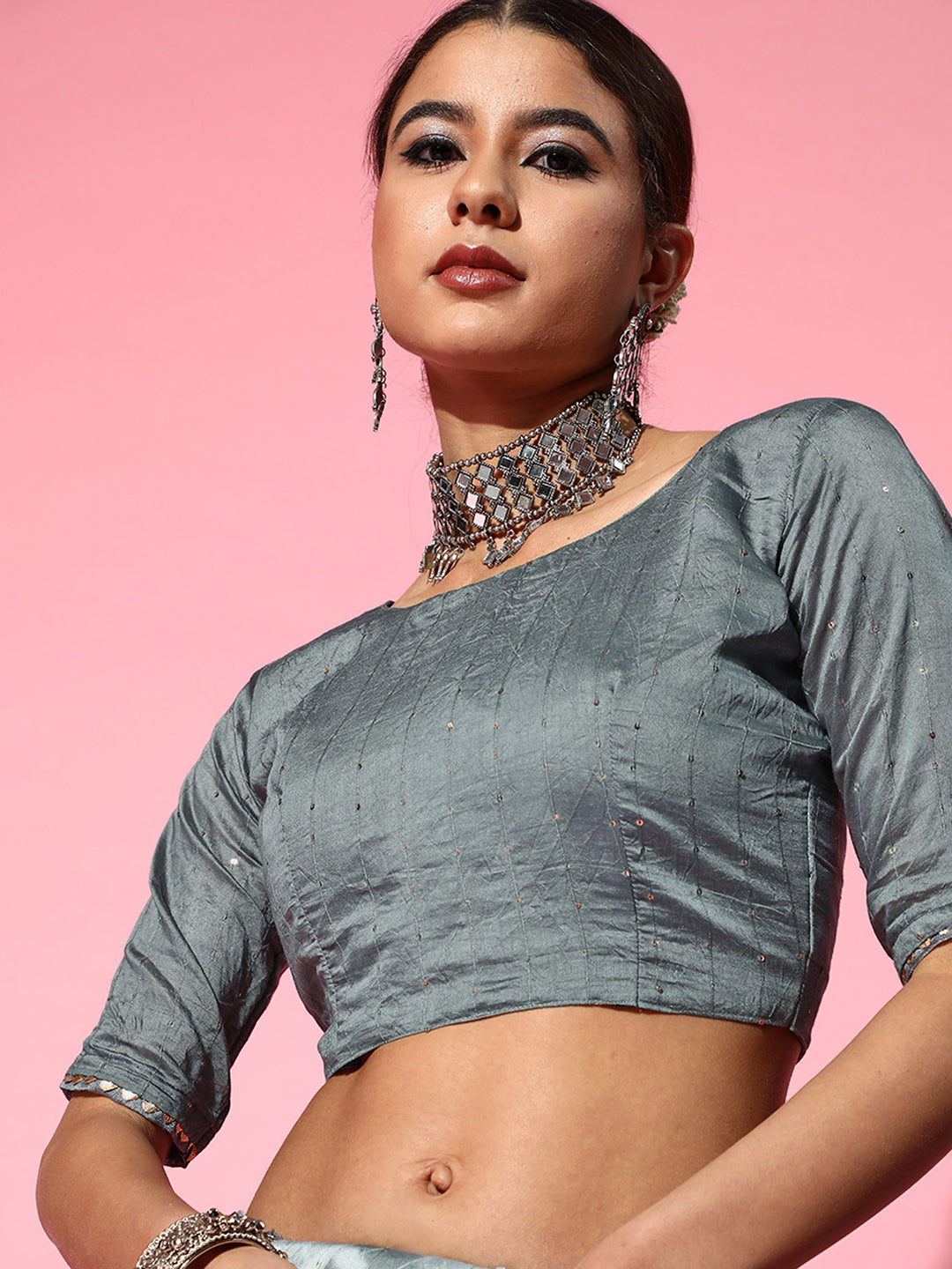 Silk Blend Grey Embroidered DesignerSaree With Blouse Piece