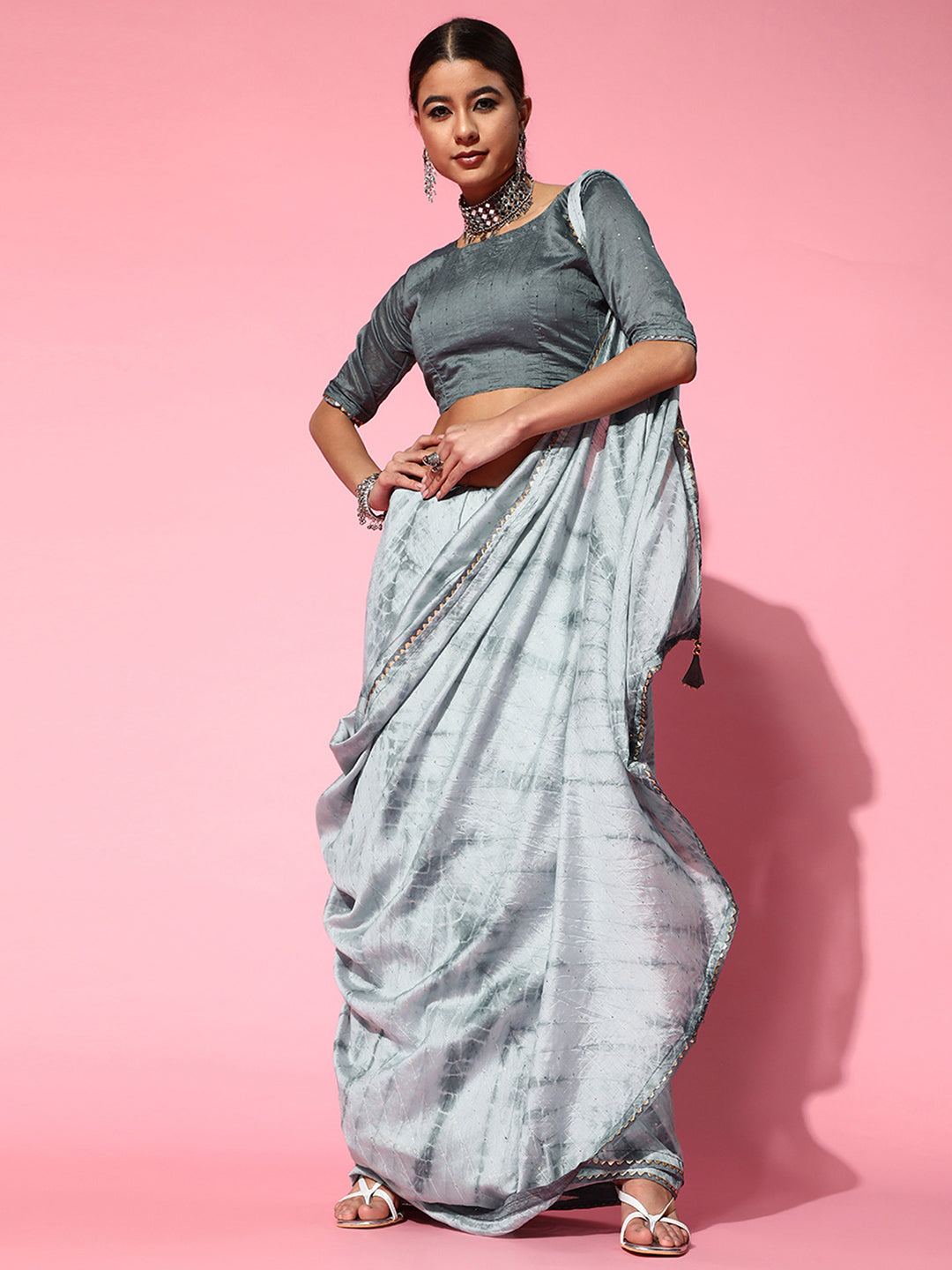 Silk Blend Grey Embroidered Designer Saree With Blouse