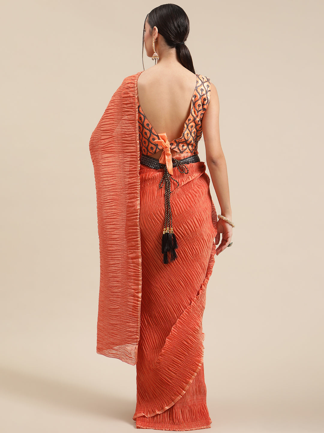 Polycotton Rust Solid BeltedSarees With Blouse Piece