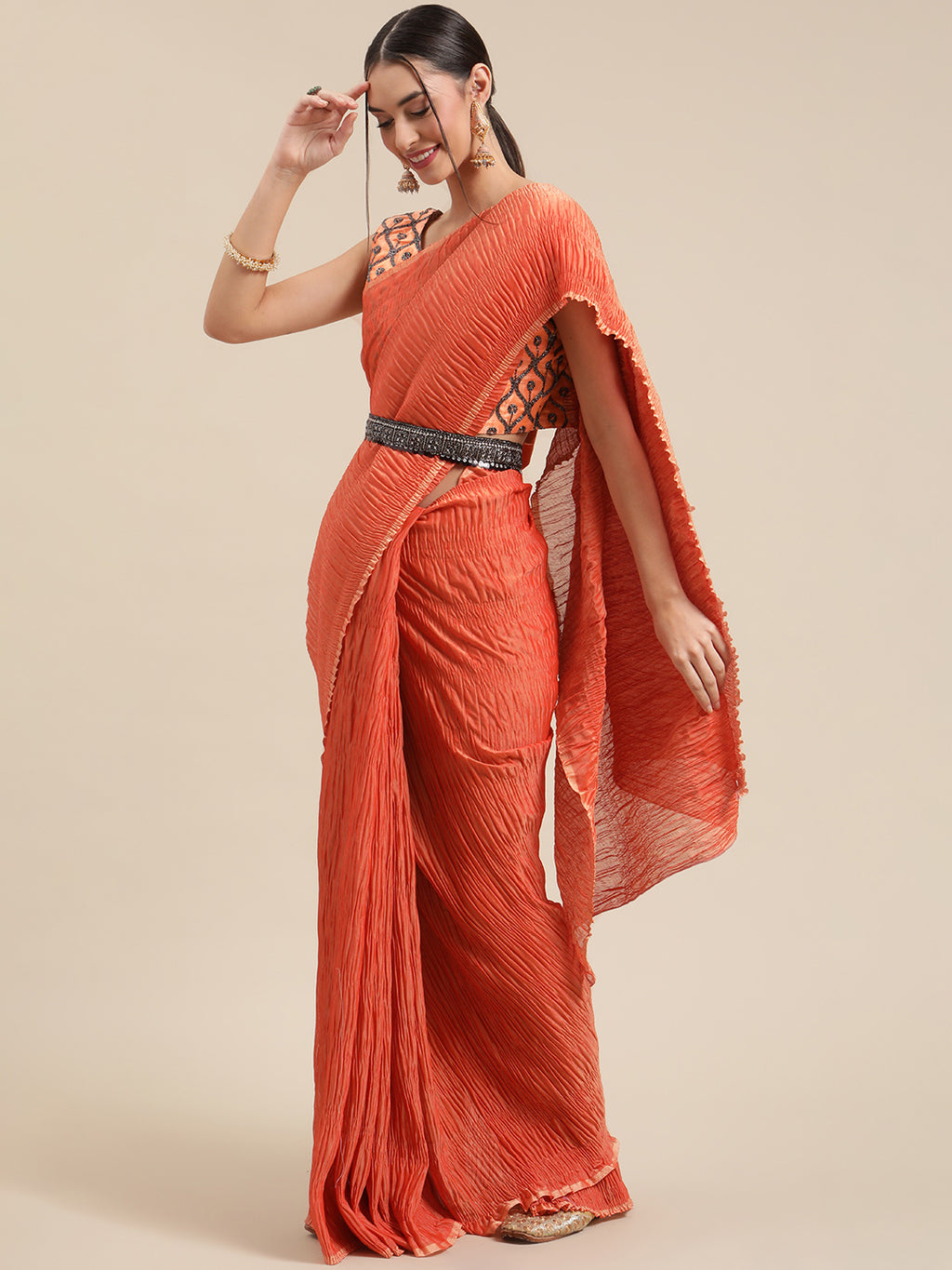 Polycotton Rust Solid BeltedSarees With Blouse Piece
