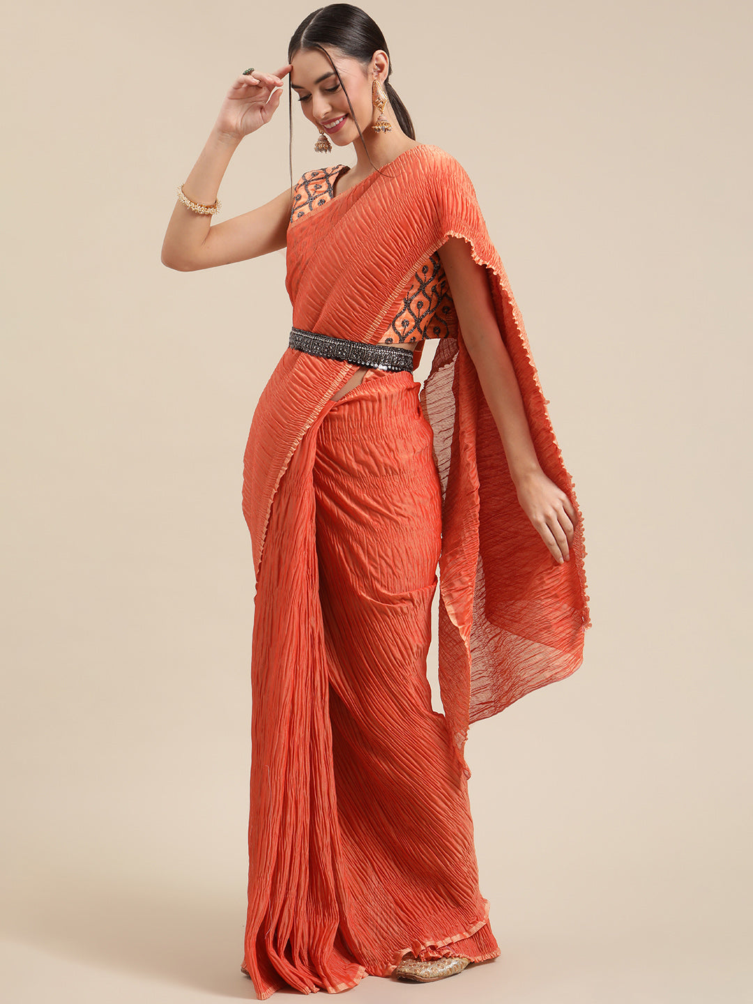 Polycotton Rust Solid BeltedSarees With Blouse Piece