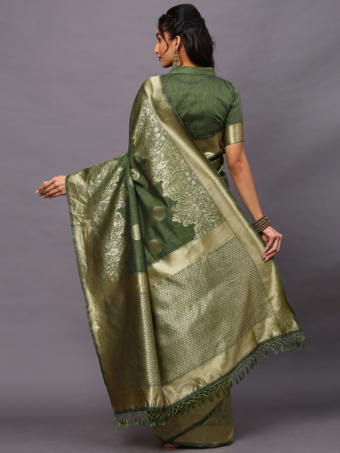 Silk Blend Olive Woven Design Woven saree With Blouse