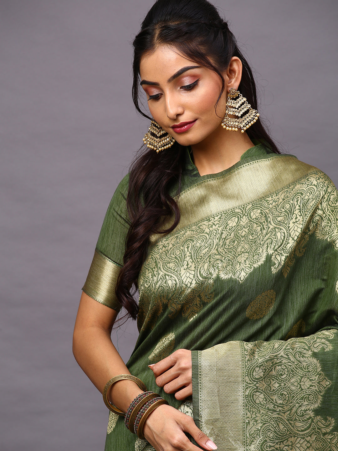 Silk Blend Olive Woven Design Woven saree With Blouse