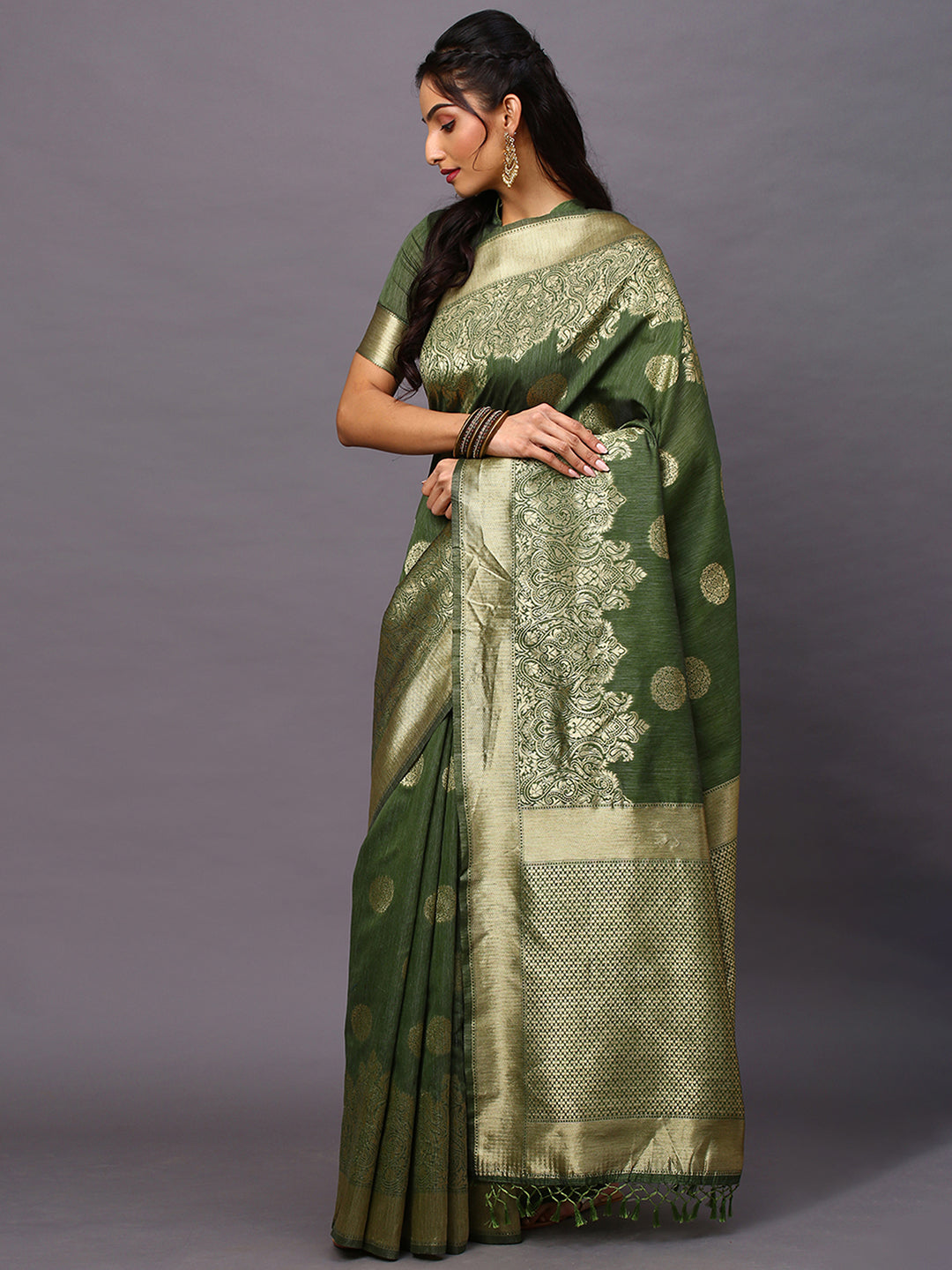 Silk Blend Olive Woven Design Woven saree With Blouse