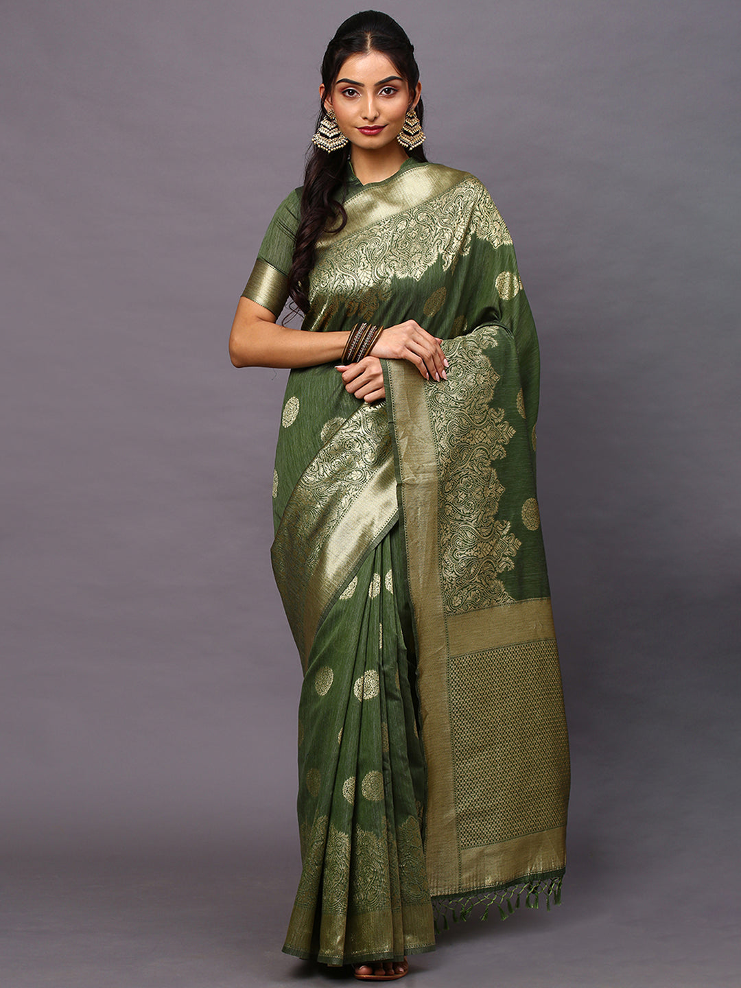 Silk Blend Olive Woven Design Woven saree With Blouse