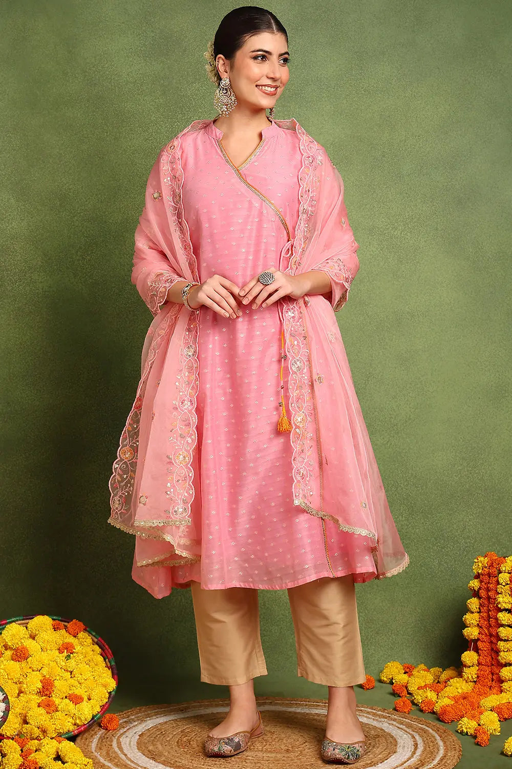 Pink Khari Printed Chanderi Silk Angrakha Kurta