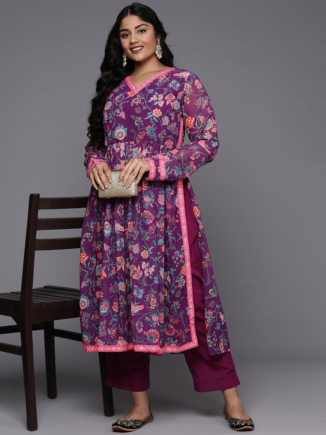 Plus Size Floral Printed High Slit Kurta with Trousers