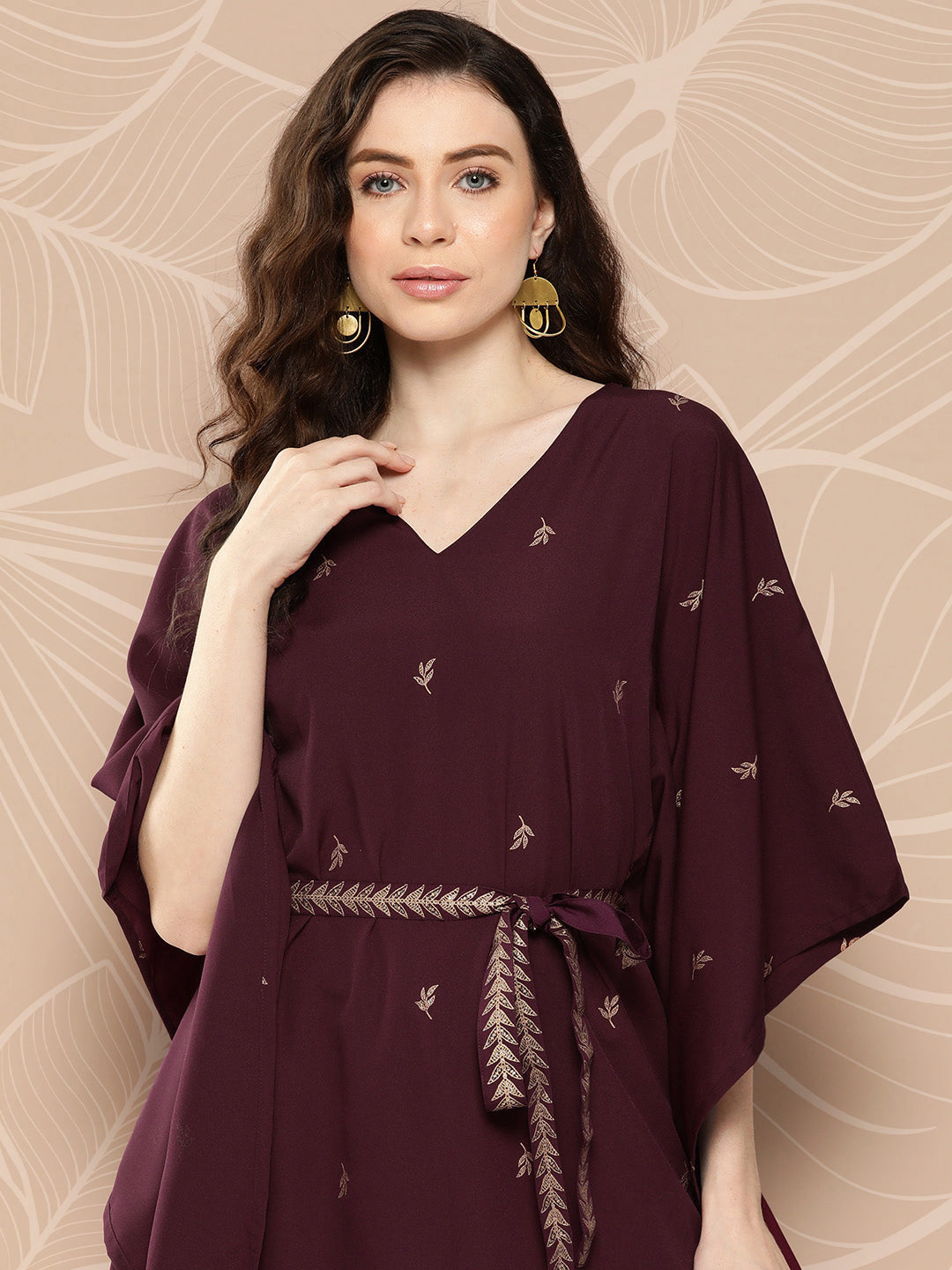 Burgundy Floral Printed Belted Detail Kaftan Kurta