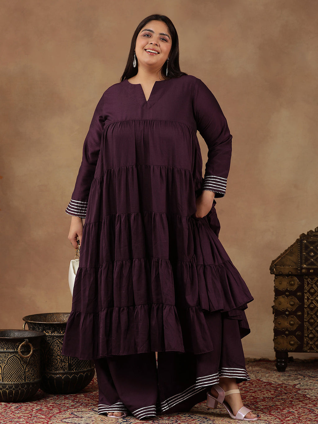 Purple Women Tiered Gotta Patti Kurta with Sharara - ID