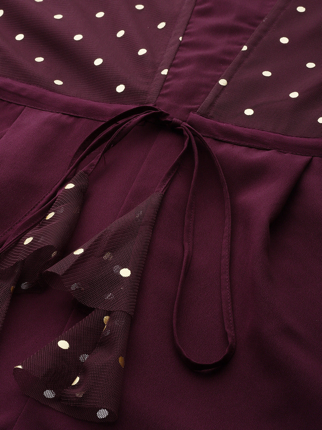 Burgundy Polka Dots Printed Jumpsuit With Waist Tie-Ups