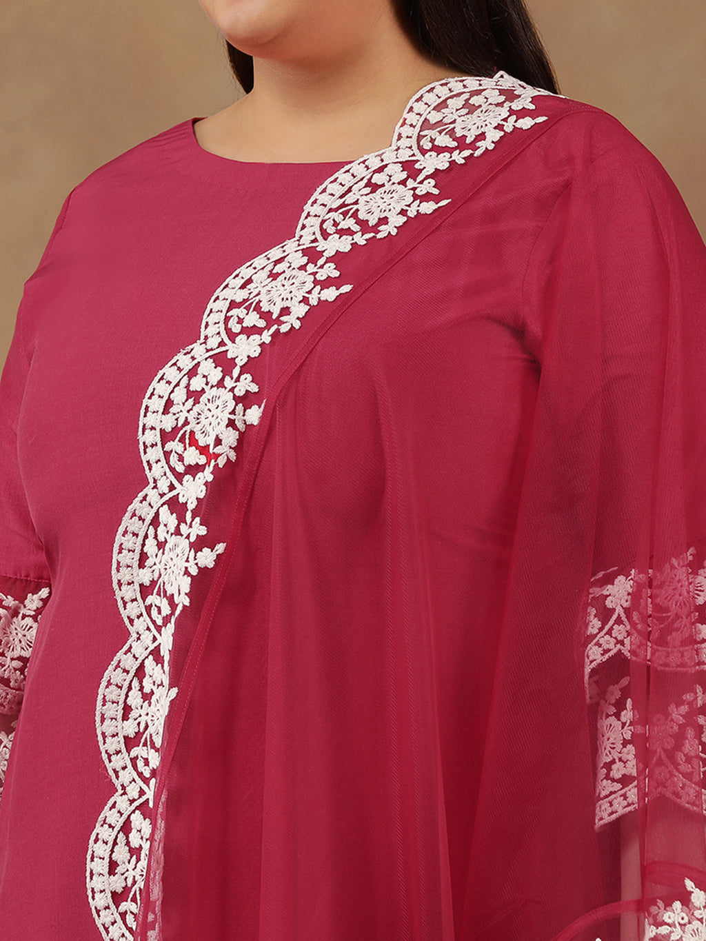 Plus Size Embroidered Thread Work Straight Kurta With Trousers & Dupatta - ID
