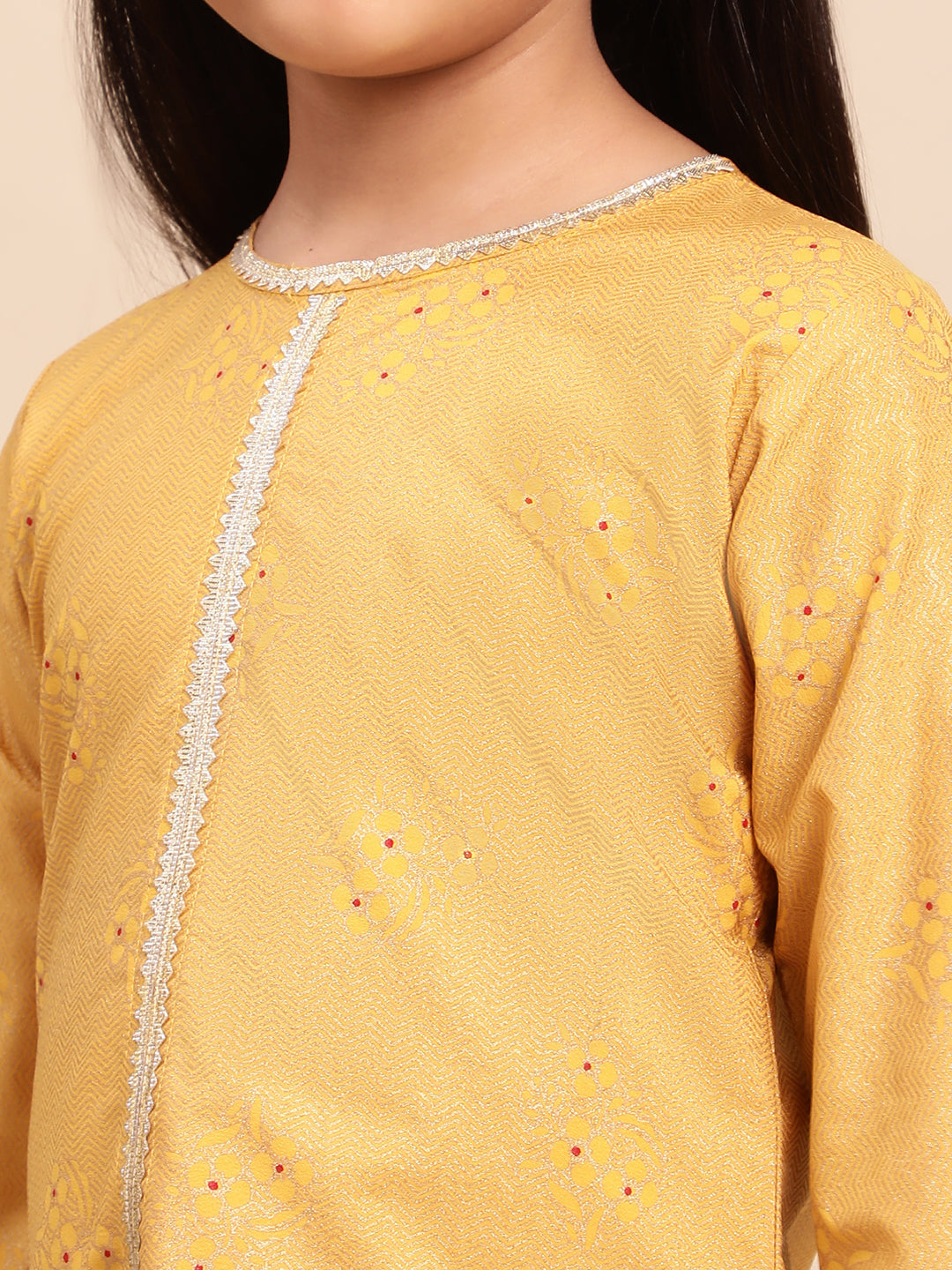 Mustard Yellow & Red Printed Girls Kurta Set