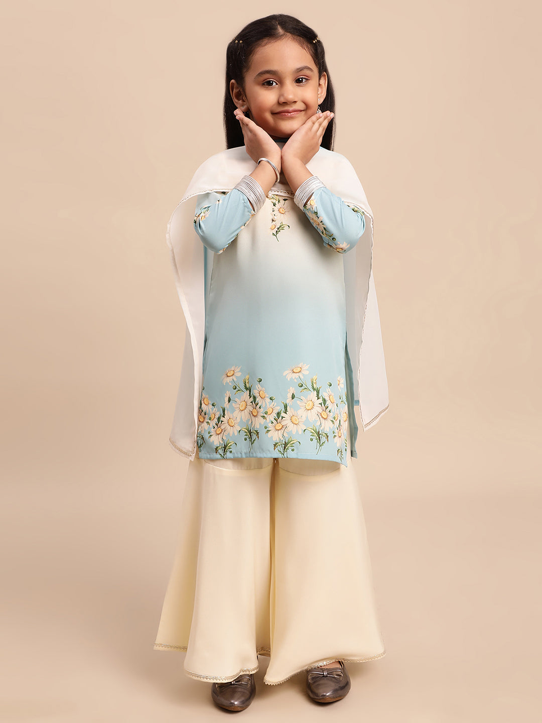 Beige & Blue Floral Printed Girls Kurta Set