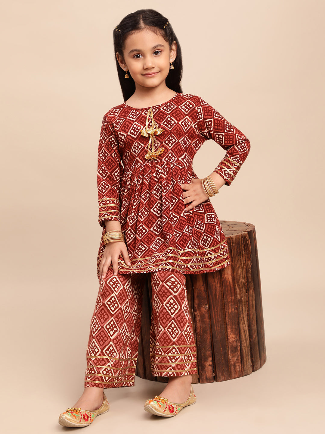 Maroon Printed Rayon Girls Kurta Set