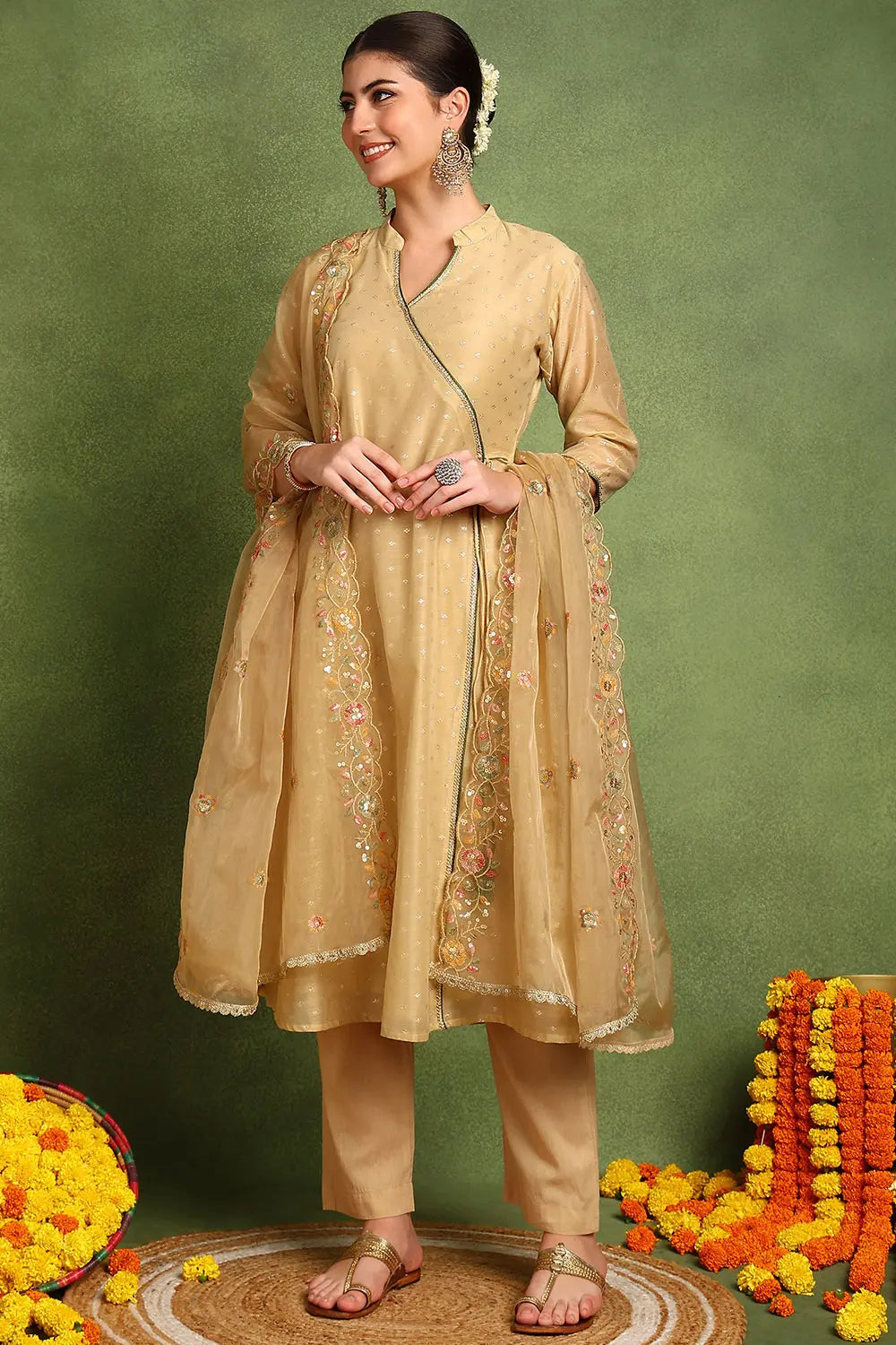 Beige Khari Printed Chanderi Silk Angrakha Kurta