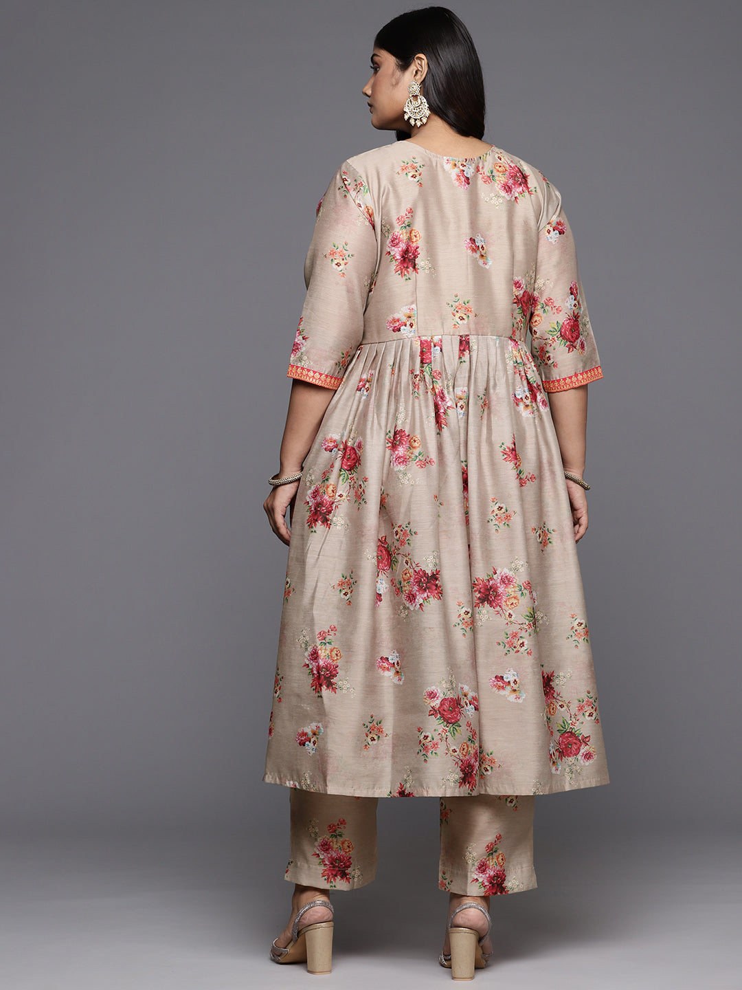 Tan Floral Printed Plus Size Kurta with Trousers