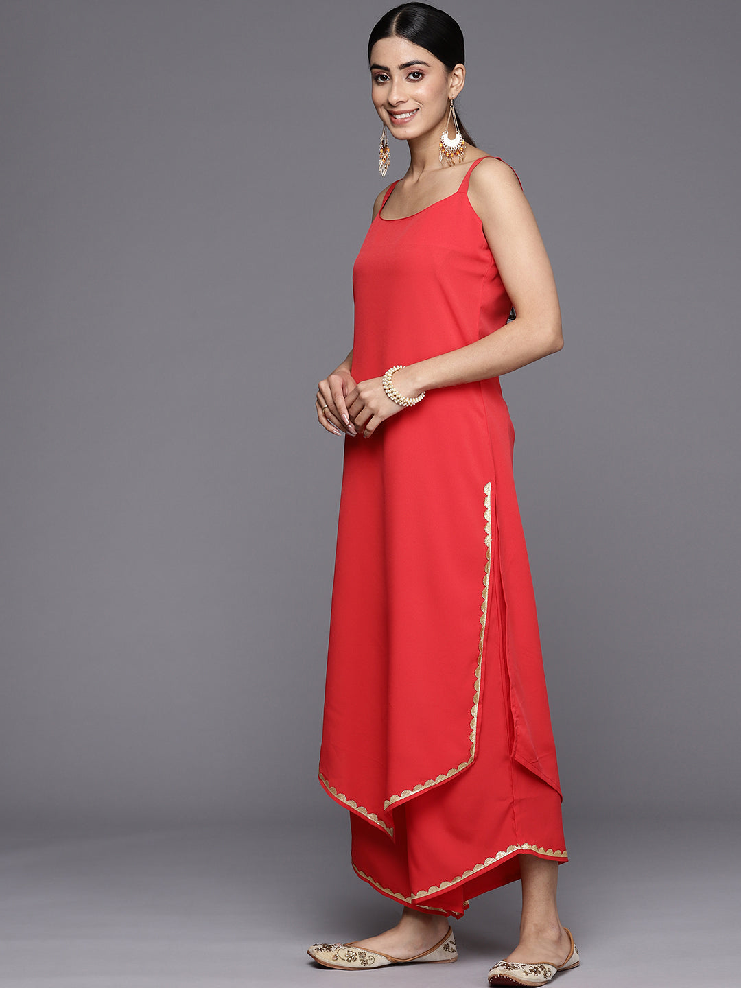 Red Solid Kurta Palazzo Set With Dupatta