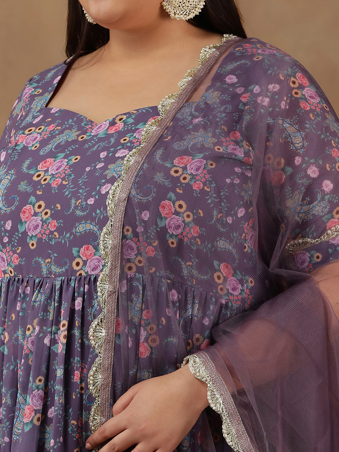 Plus Size Floral Printed Sweetheart Neck Tiered Anarkali Kurta With Dupatta - ID