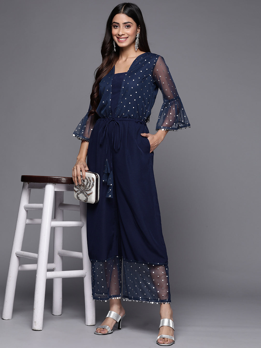 Navy Blue Polka Dots Printed Jumpsuit With Waist Tie-Ups