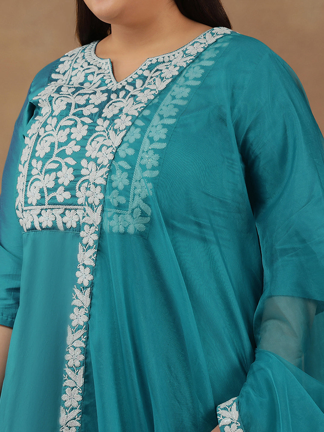 Plus Size  Floral Yoke Design Thread Work Straight Kurta With Trouser & Dupatta - ID