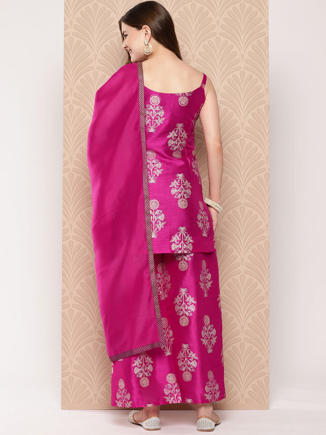 Pink Printed Kurti with Palazzos & With Dupatta