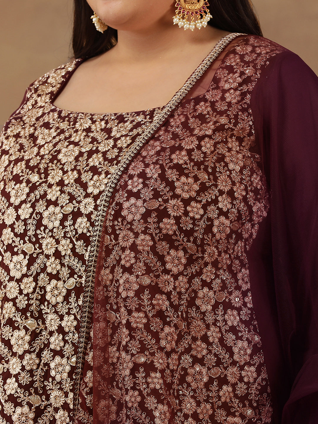Floral Embroidered Regular Sequinned Straight Kurti with Sharara & Dupatta - ID