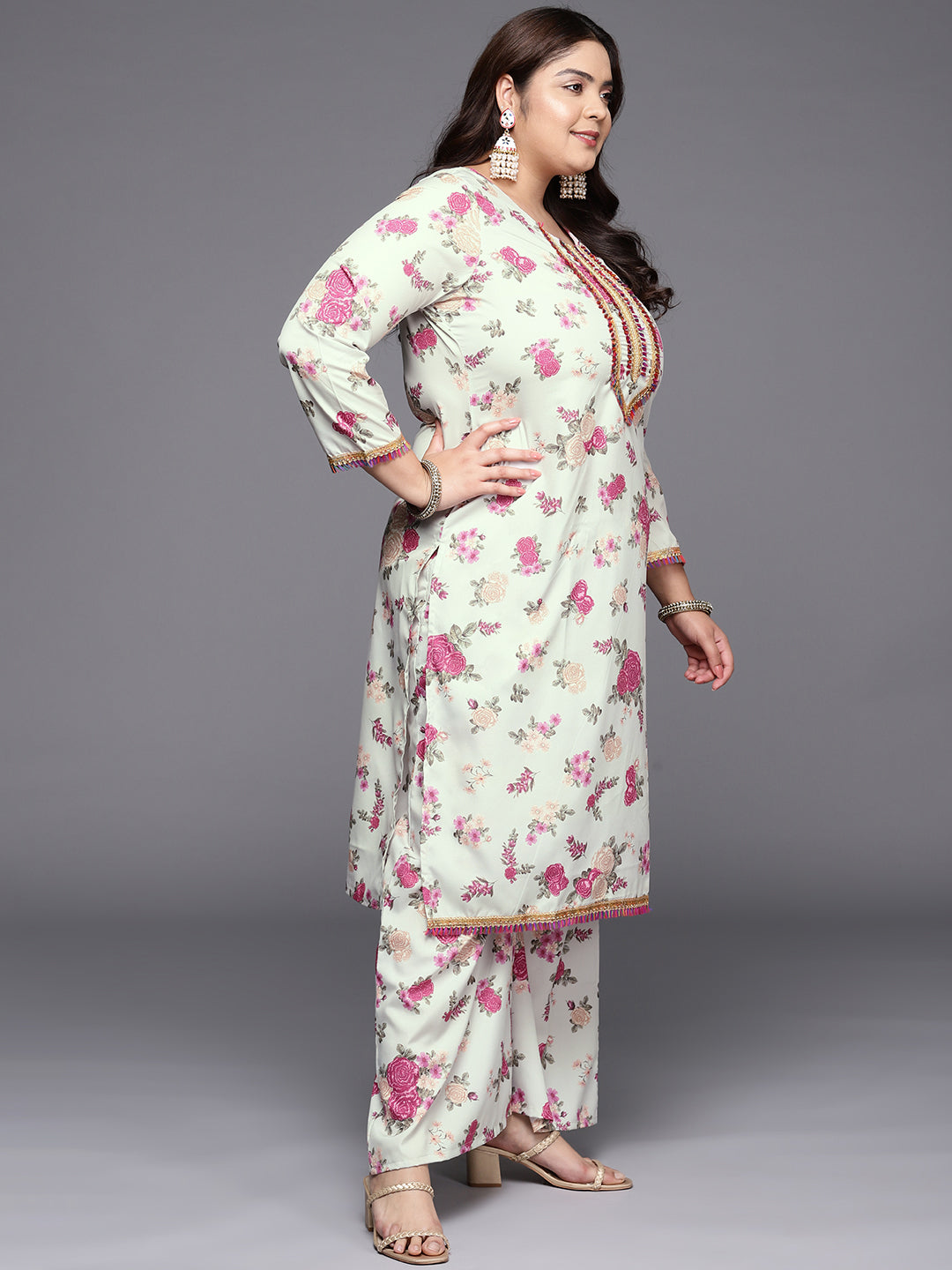 Beige Floral Printed Plus Size Kurta with Palazzos & With Dupatta