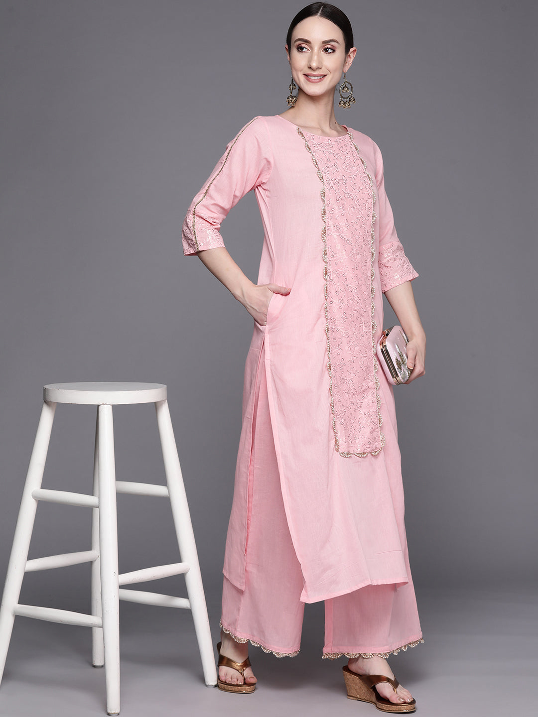 Baby Pink Pure Cotton Printed Kurta Palazzo Set