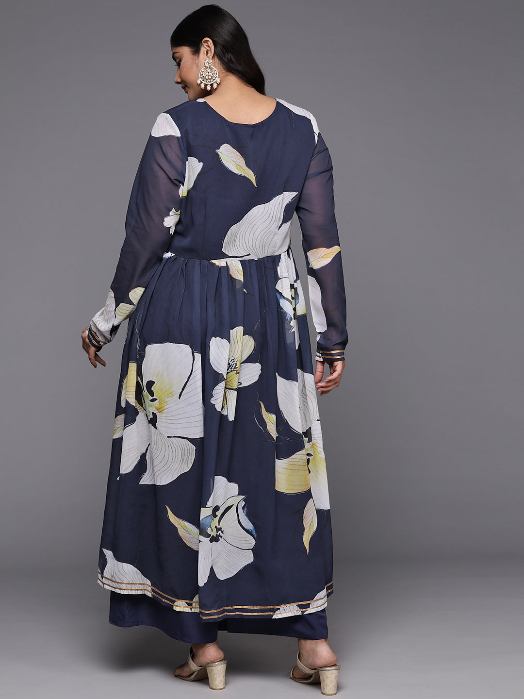 Plus Size Floral Printed Zari Angrakha Kurta with Palazzos